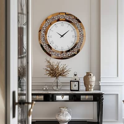 Large Round Mirror Clock Crystal Sparkle Diamond Mirrored Home Decor