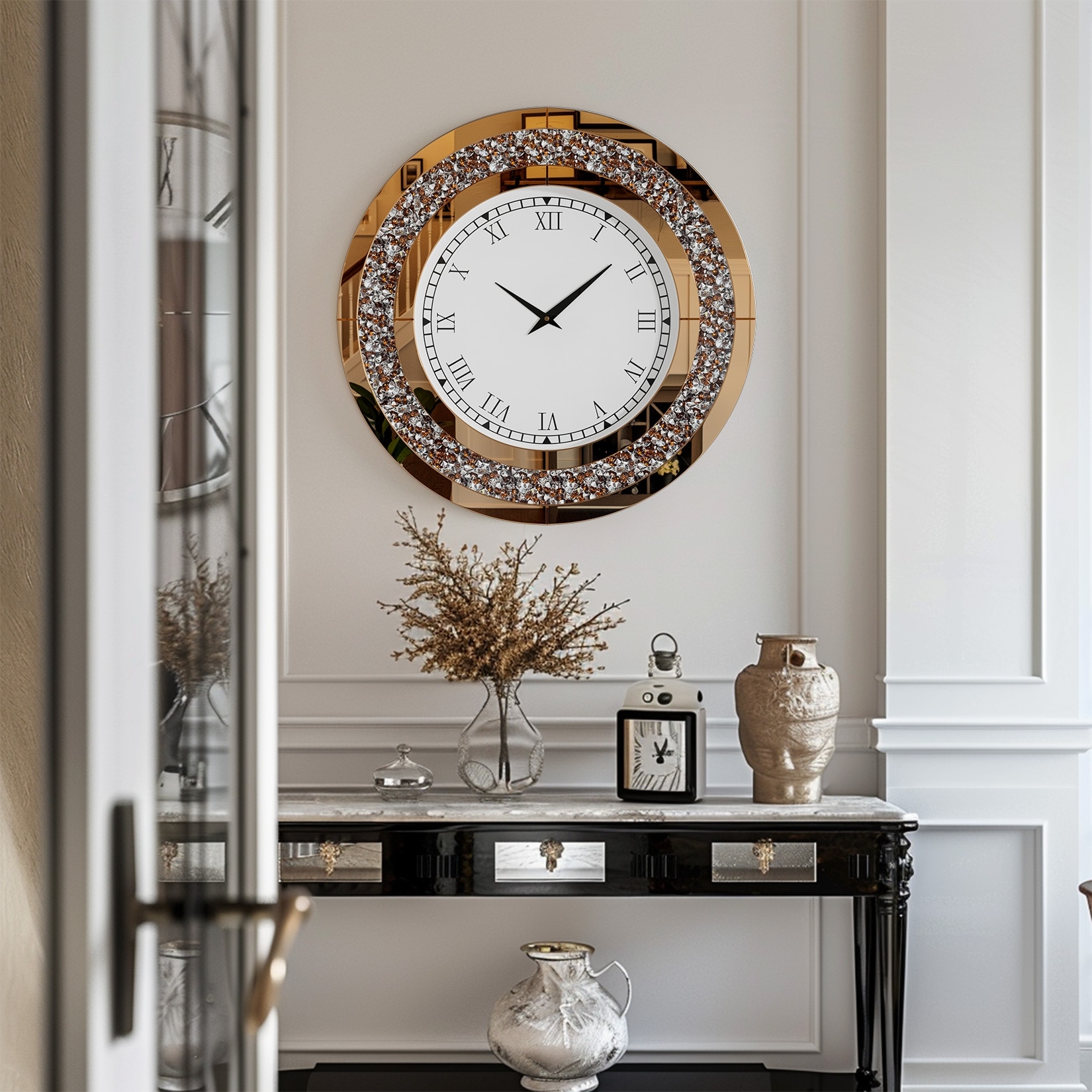 Large Round Mirror Clock Crystal Sparkle Diamond Mirrored Home Decor