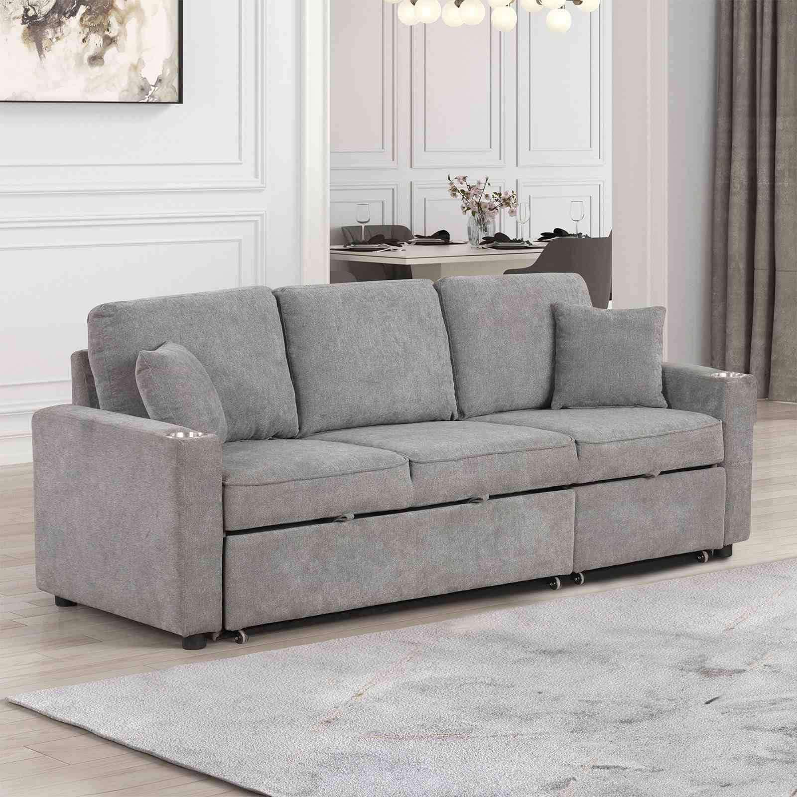 Contemporary 1pc Sofa Pull Out Sleeper Track Arms w Cup Holders