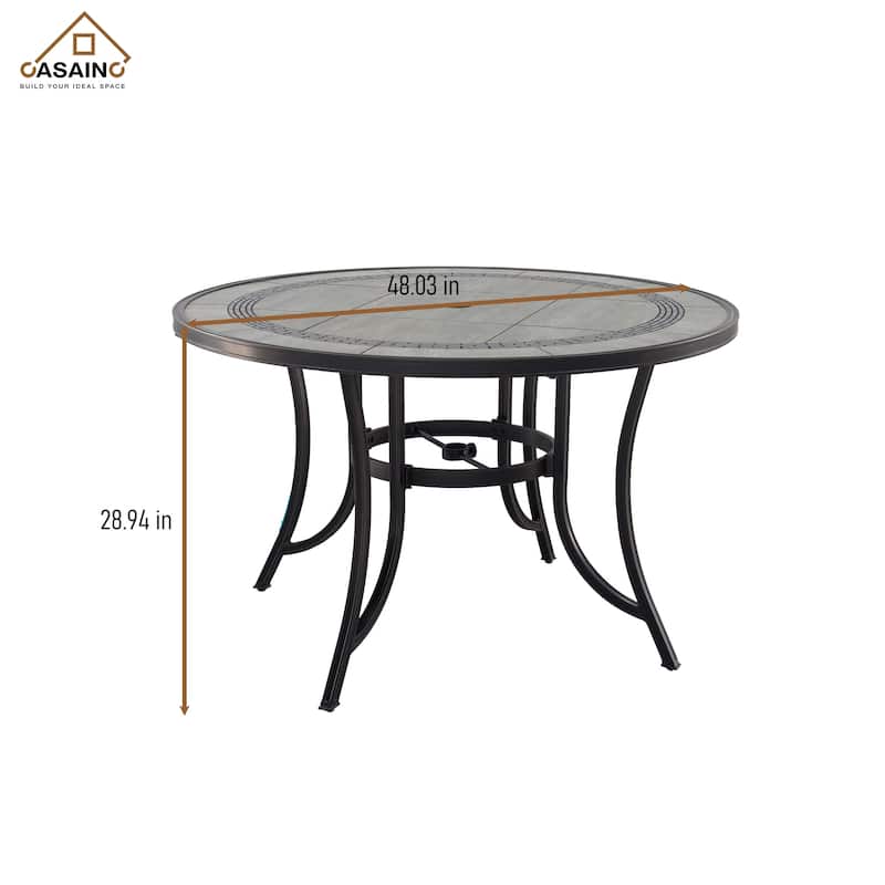 48 inch W Aluminum Ceramic Tile Top Round Dining Table with Umbrella Hole - N/A