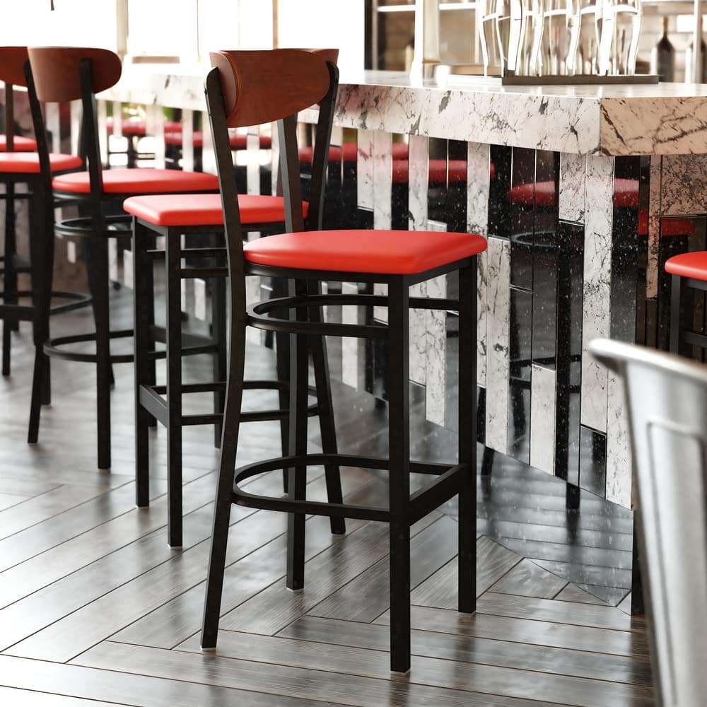 Commercial Metal Barstool with Wood Seat and Boomerang Back