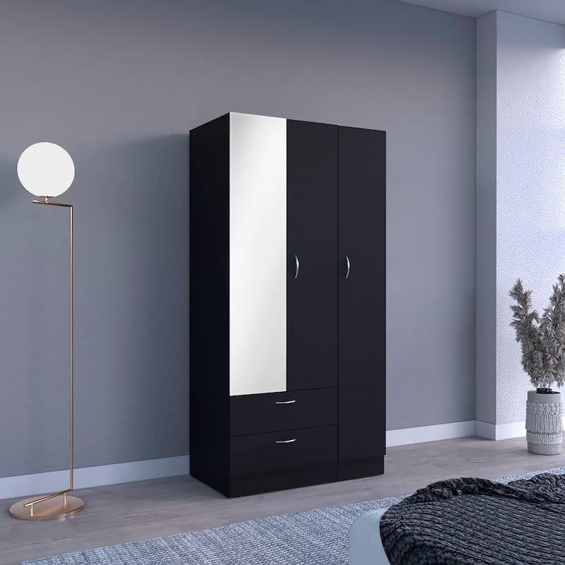 Riverside 3 Door Mirrored Armoire with Two Drawers, Four Shelves - N/A - Black