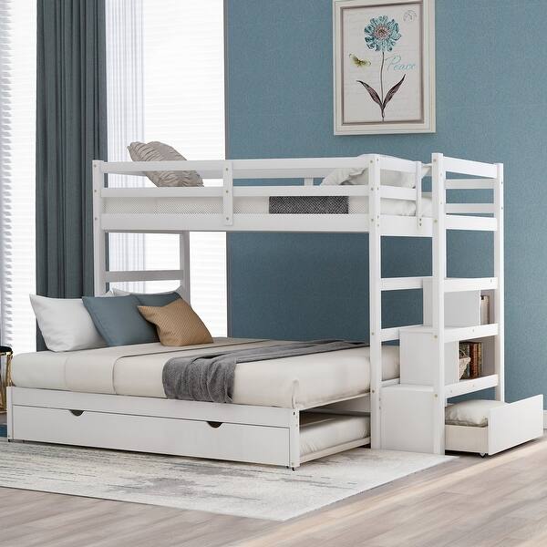 slide 2 of 9, White Twin Over Twin/King Pine Bunk Bed with Trundle, Storage Staircase, Guardrail, Drawers White
