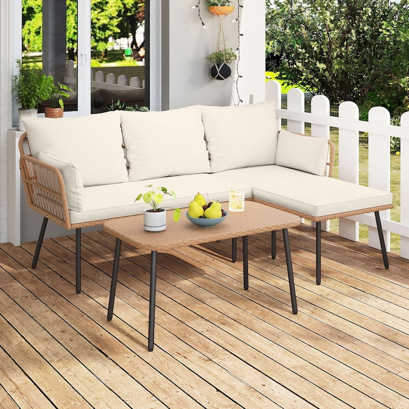 Gymax 3 Pieces L-Shaped Patio Furniture Set w/ Coffee Table Removable