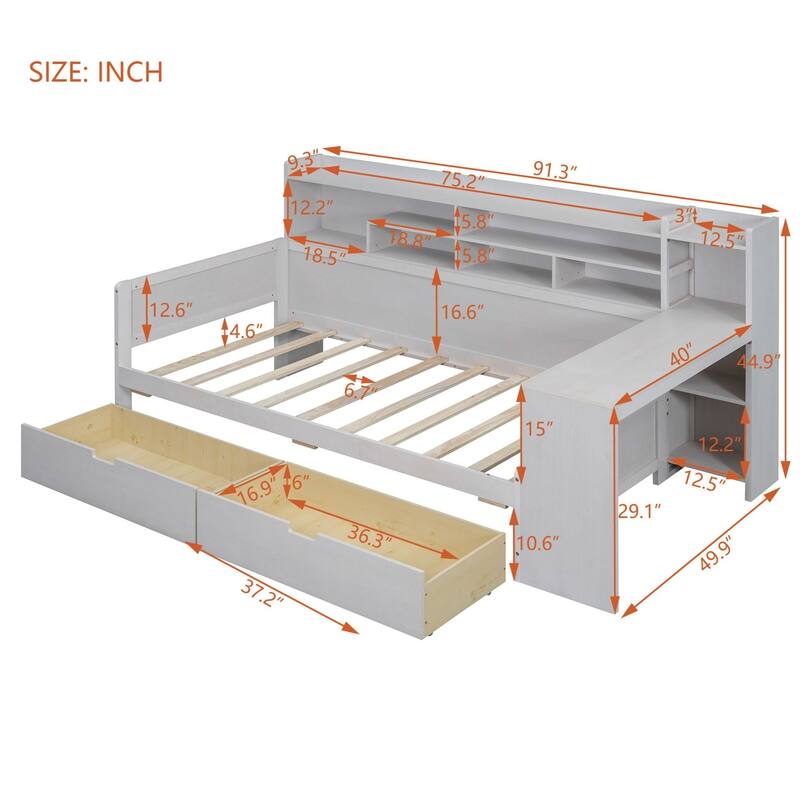 Wooden sofa bed with two storage drawers and desk