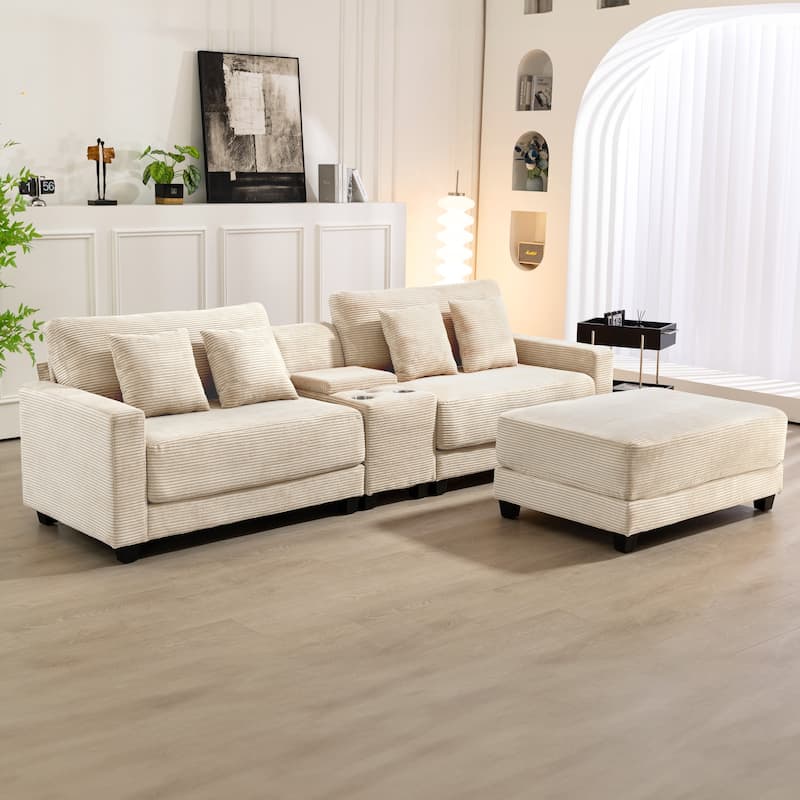 Oversized Corduroy Upholstered Sofa with a Removable Ottoman & 4 Pillows