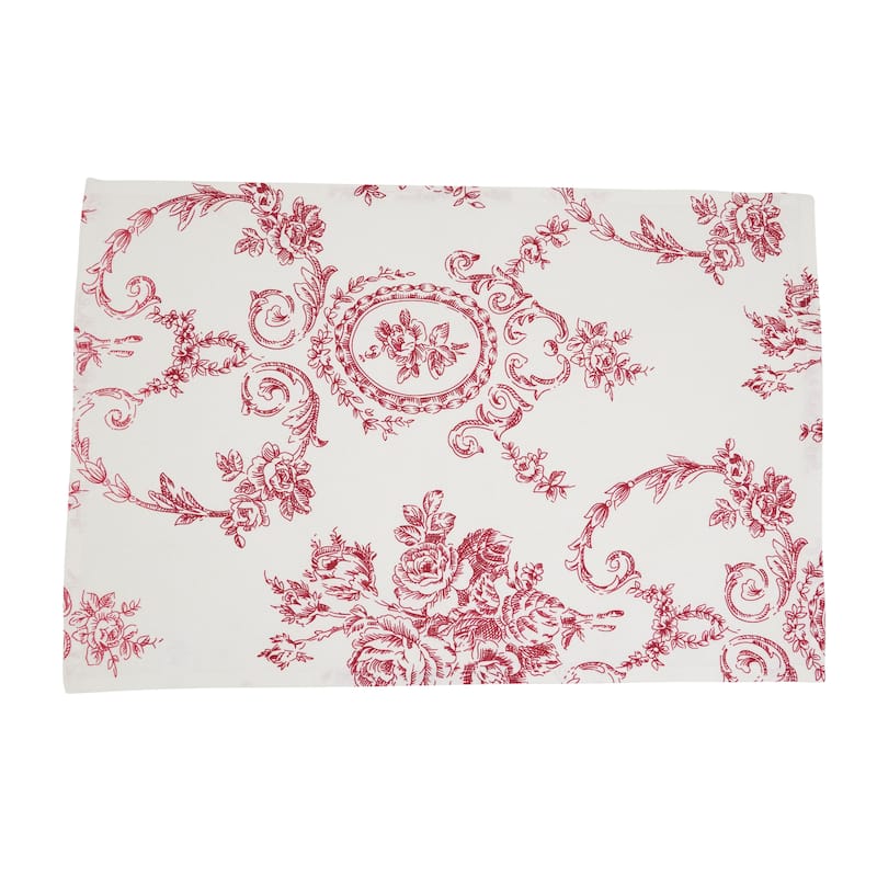 Toile Linen-Blend Placemats (Set of 4) - Vintage Floral Print for Dining Tables & Layered Place Settings, 14"x20" - Red - Set of 4