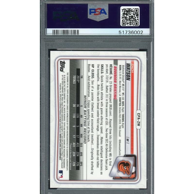 Zach Watson 2020 Bowman Chrome Prospect Auto Rookie Card #CPAZW PSA 10 - 8'6" x 11'6"