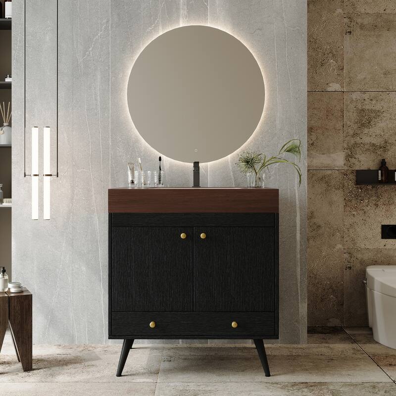 Contemporary 30" Freestanding Bathroom Vanity with Faux Marble Top & Ceramic Sink, Double Door Cabinet