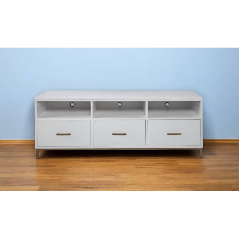 HomeRoots 64" White Mahogany Solid Wood Open Shelving TV Stand - 24" x 64" x 18"