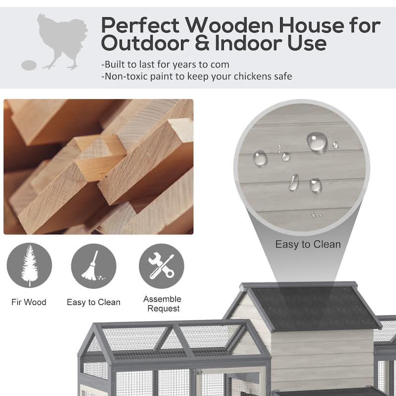 Large Grey Wooden Chicken Coop with Double Outdoor Run and Nesting Boxes Ramp Ventilation