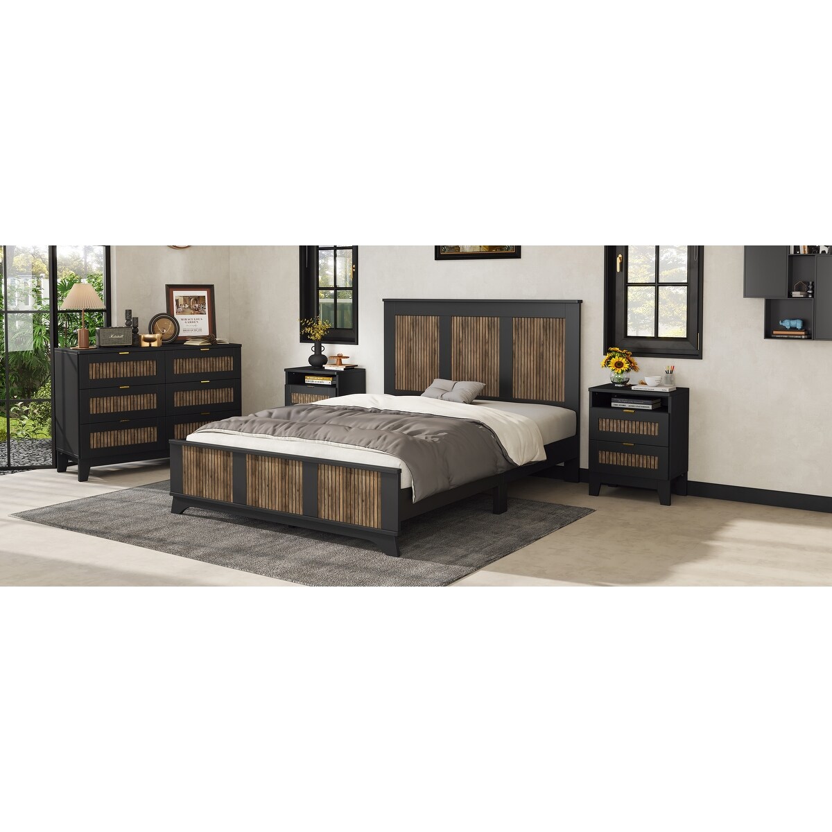 Roomfitters 4-Piece Bedroom Set Full/Queen Farmhouse Platform Bed with Wooden Strip Design, Nightstand, and Storage Dresser