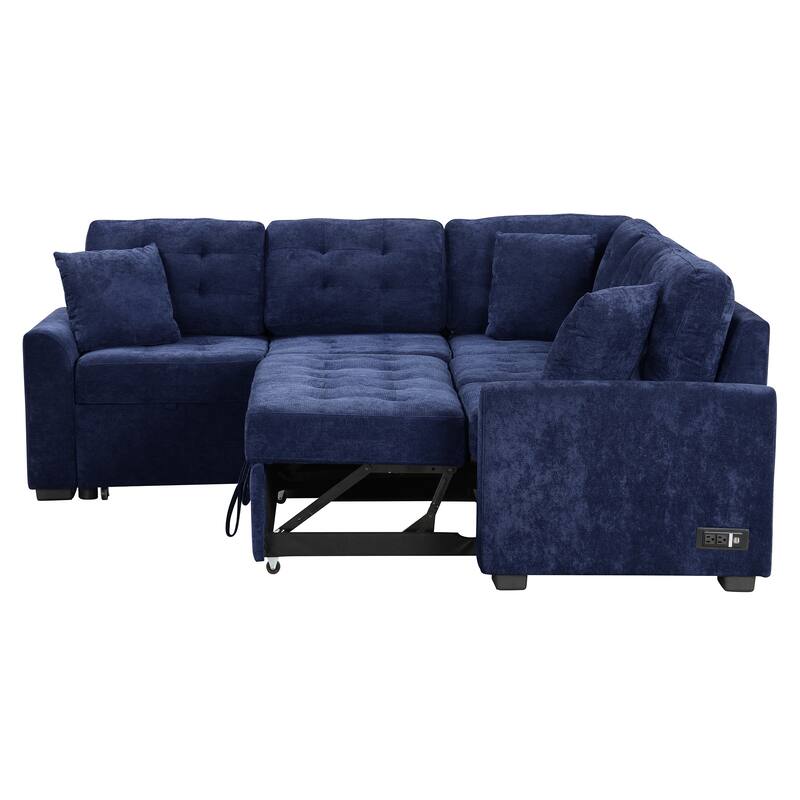 Roomfitters Pull-Out L-Shape Sofa Bed with Wheels, USB Ports, and Power Sockets, Functional Sleeper Sofa for Living Room Comfort