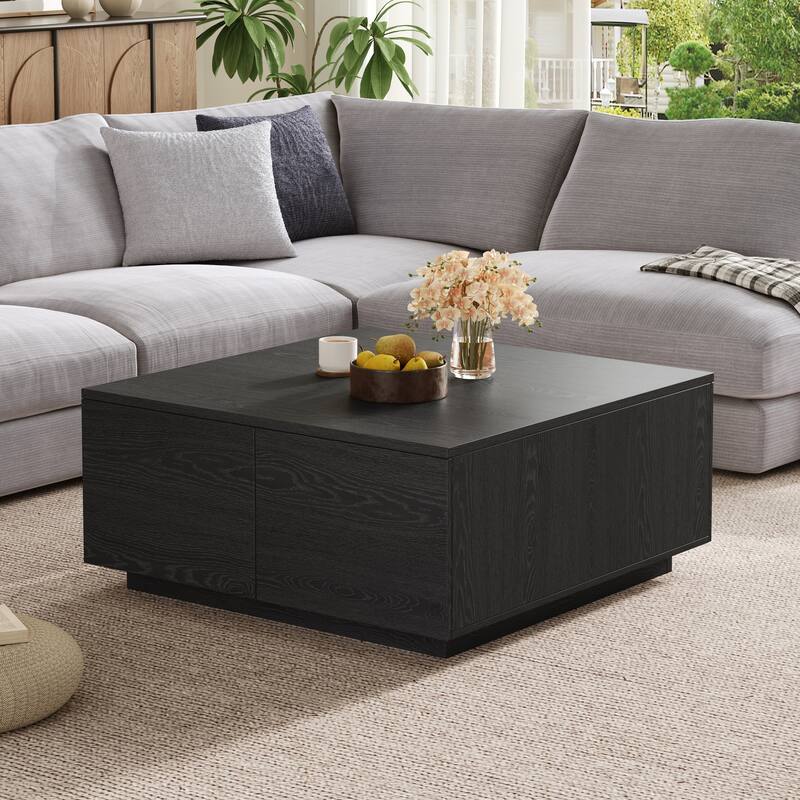 Roomfitters Square Coffee Table, Modern Wood Center Table with 4 Storage Compartments for Living Room