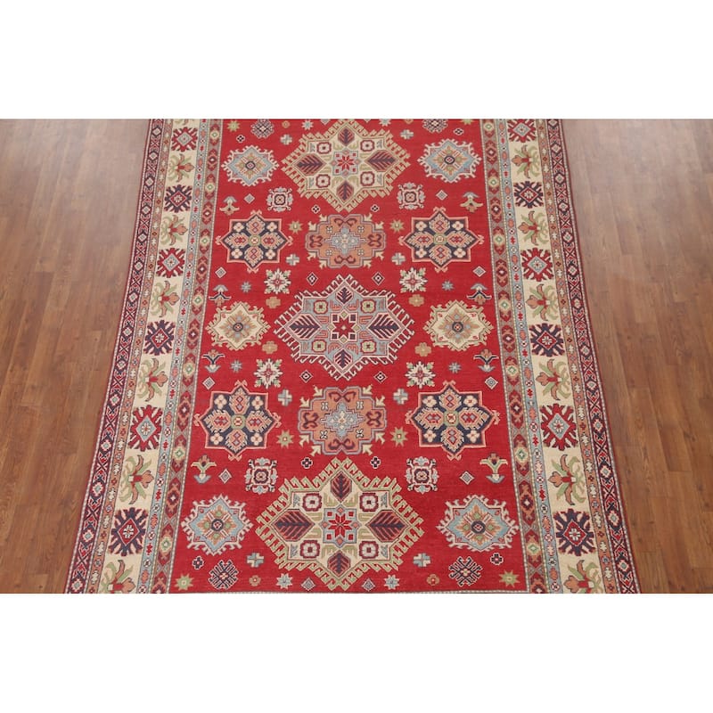 Hand Knotted Oriental 100% Wool Carpet Traditional Geometric Red Kazak Area Rug - 10' 2'' X 6' 4''