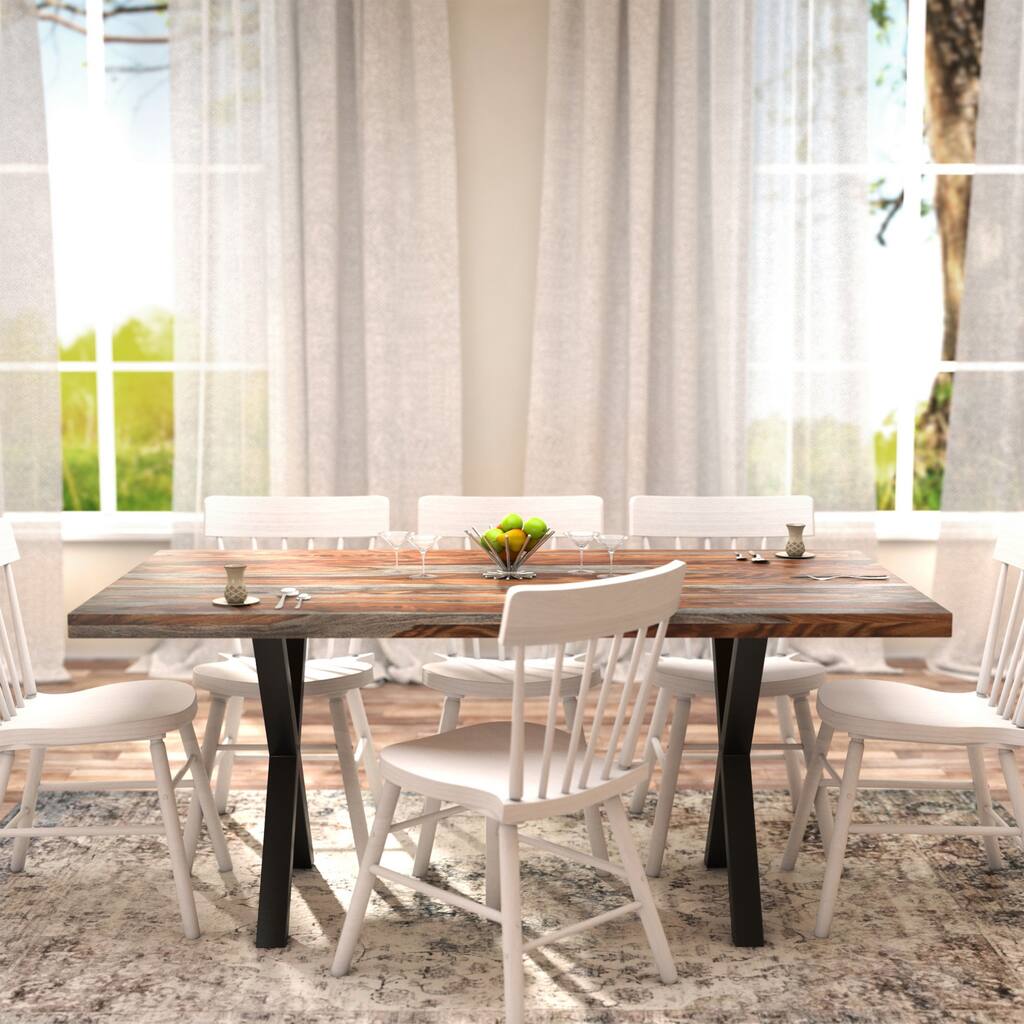 70 Inch Handcrafted Dining Table, Solid Rosewood Rectangular Top with X Shape Iron Legs, 2 Tone, Brown and Black