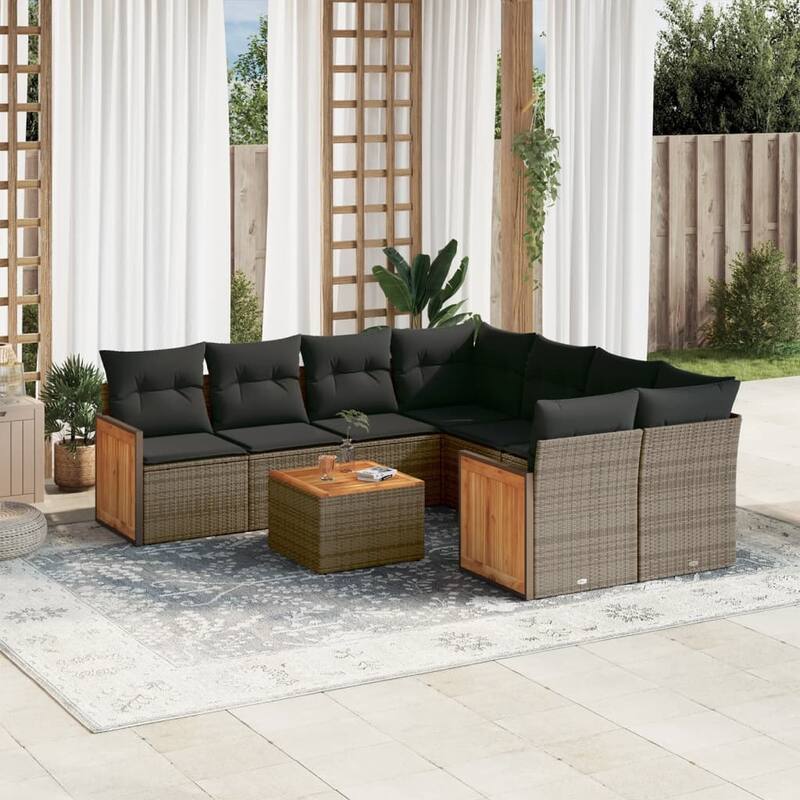 vidaXL Patio Sofa Set with Cushions Outdoor Furniture 9 Piece Poly Rattan - Grey - 21.7 x 21.7 x 14.6
