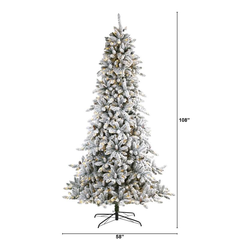 9ft Artificial Christmas Tree - Prelit Flocked Fir Tree with Warm Lights & Pine Cones - Holiday Decor - White - 108
