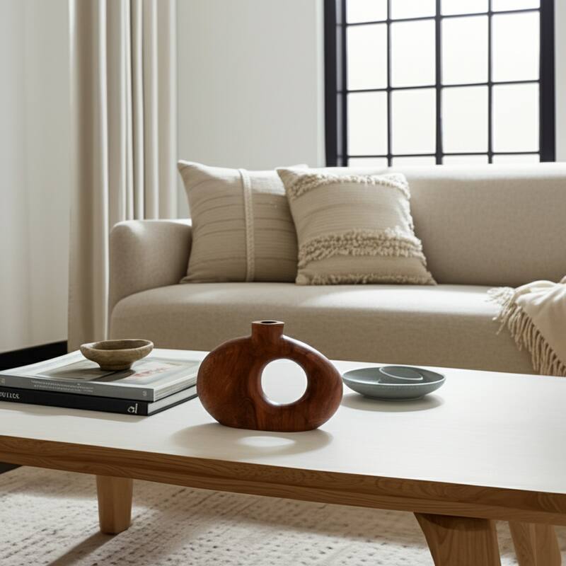 Mango Wood Modern Vase with Round Cutout Silhouette Minimalist Design