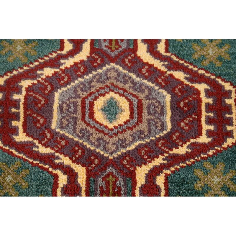 Green Geometric Kazak Runner Rug Hand-Knotted Wool Carpet - 2'5"x 9'8"