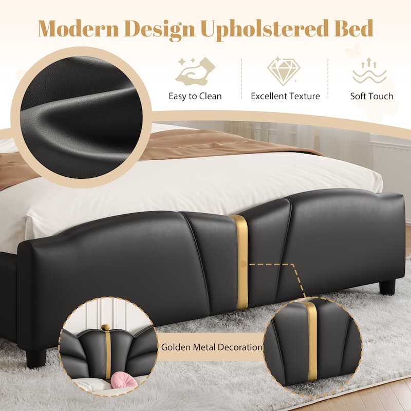 Queen Size Upholstered Bed Frame, with Butterfly Shaped Headboard and Footboard, Platform Bed Frame with Metal Decorations