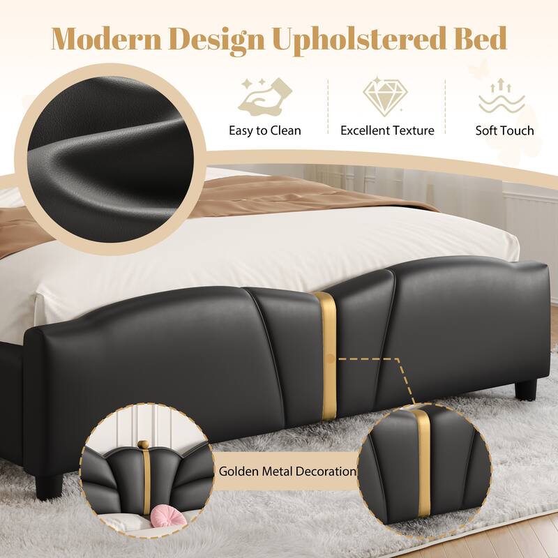 Queen Size Upholstered PU Leather Bed Frame with Butterfly Headboard, Gold Metal Decorations, No Box Spring Needed, Black