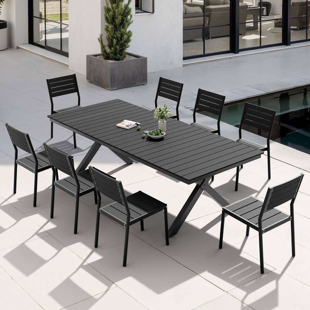 9PC Outdoor Patio Aluminum Dining X Frame Table and Stackable Chairs Set with Umbrella Hole