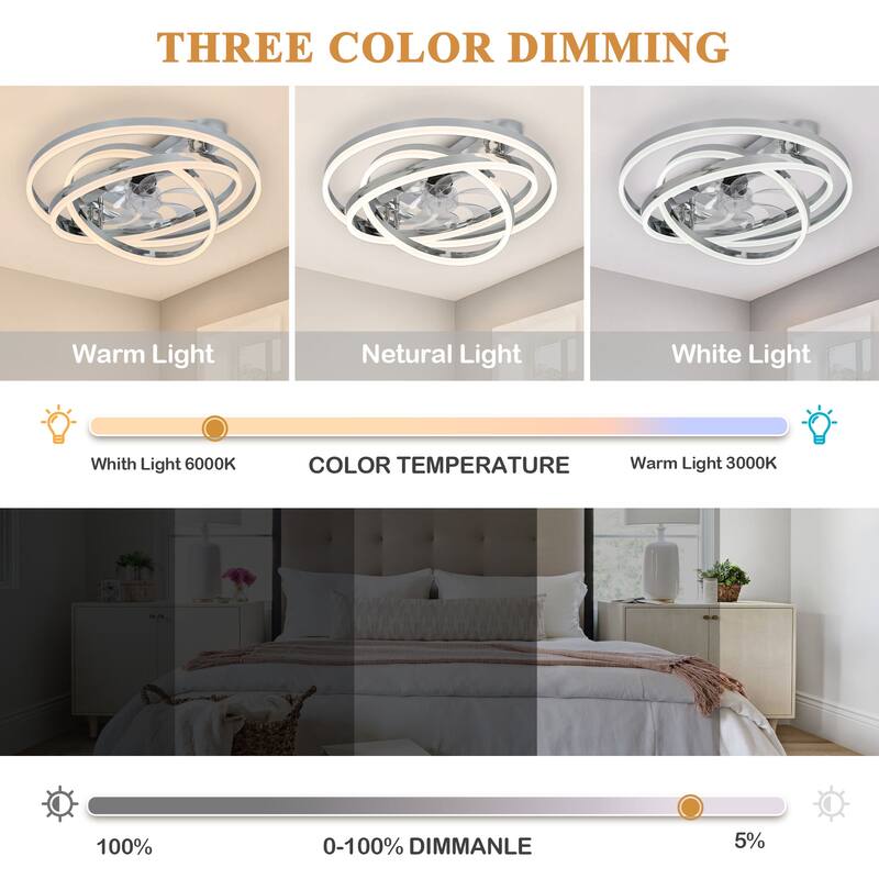 24" Adjustable Light Kit Flush Mount Ceiling Fan, 3 Color Tone CCT dimmable 6 Fan Speed, Remote & App Control for Bedroom