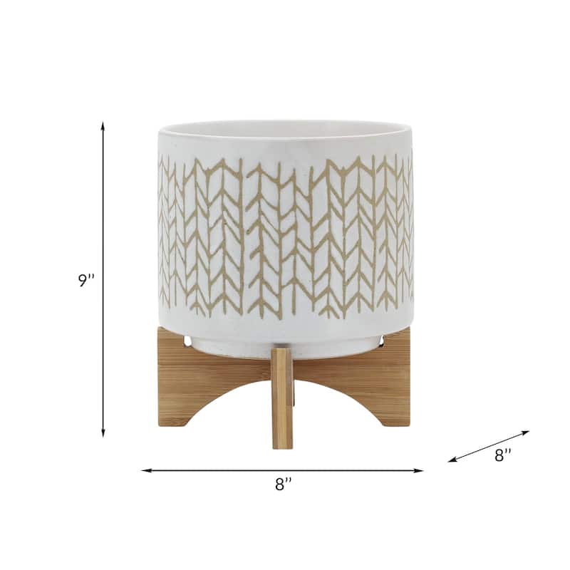 8" Planter with Wood Stand, Beige