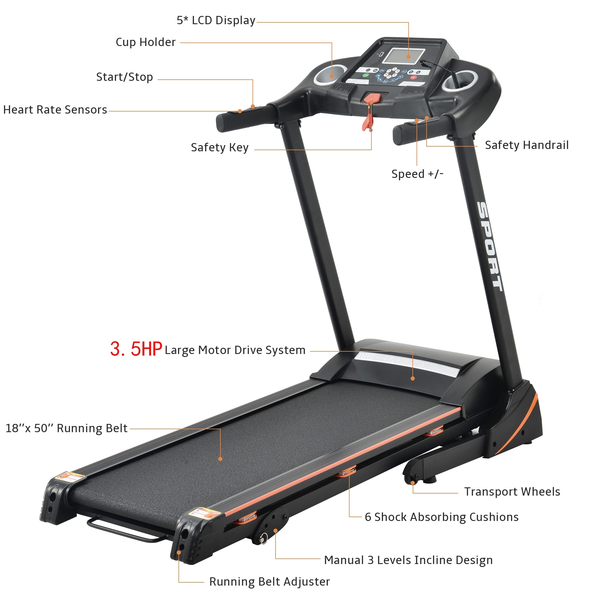 Folding Electric 3.5HP Treadmill With Incline Medium Running