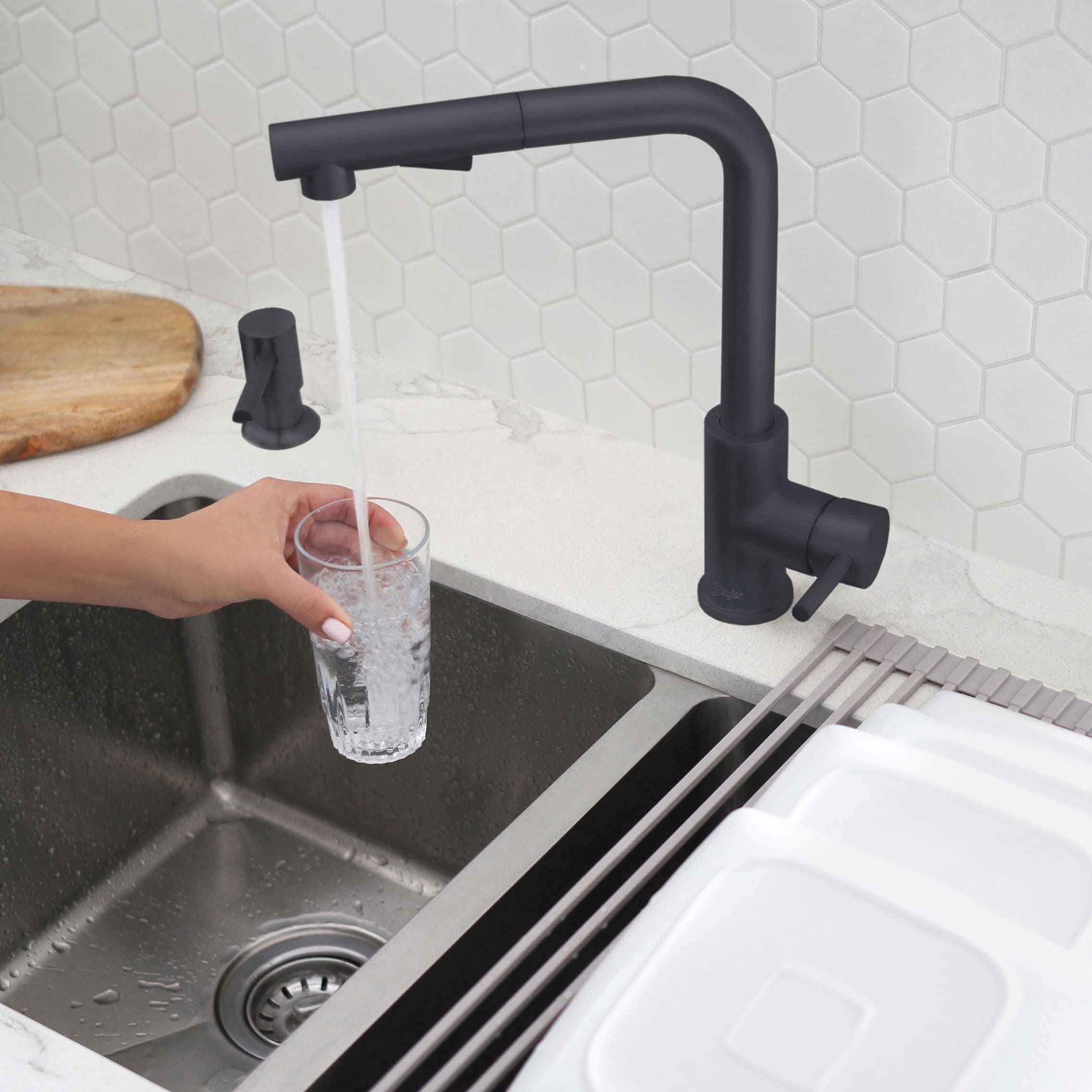 STYLISH Matte Black Single Handle Pull Down Kitchen Faucet with Soap Dispenser - Matte Black