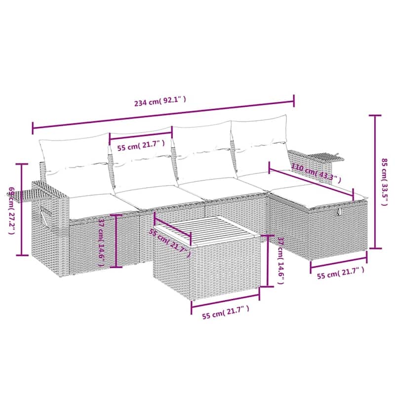 vidaXL Patio Sofa Set with Cushions Outdoor Furniture 6 Piece Poly Rattan - 21.7" x 24.4" x 27.2"