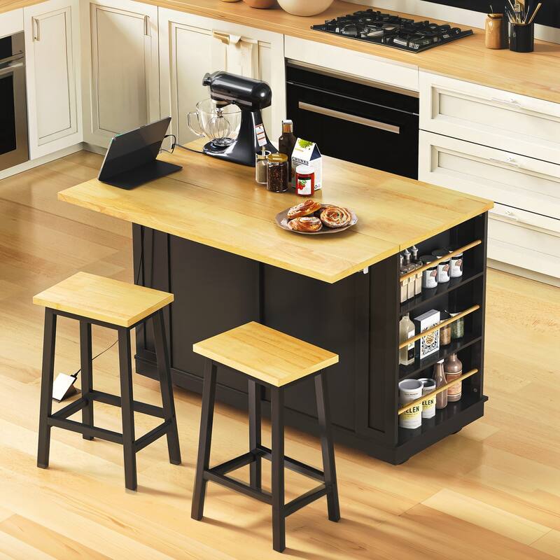 Kitchen Island with 2 Bar Stools, Power Outlet, Door Internal Storage Rack, Kitchen Storage Cart on 5 Wheels with Drop Leaf