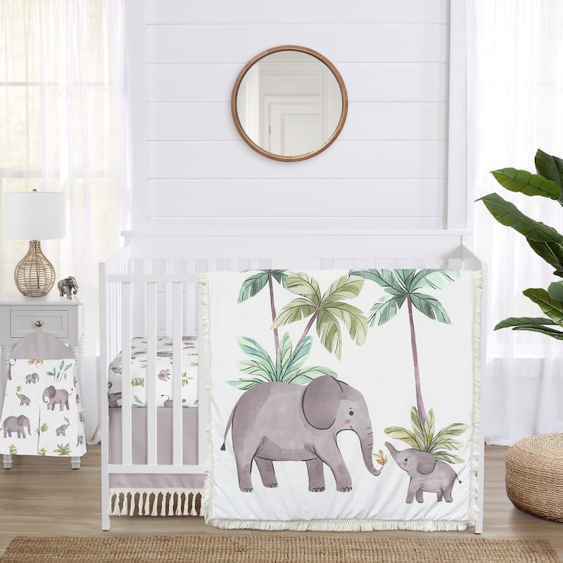 Sweet Jojo Designs Watercolor Elephants Boy Girl Gender Neutral 4p Nursery Crib Bedding Set Green Grey Jungle Safari Palm Trees
