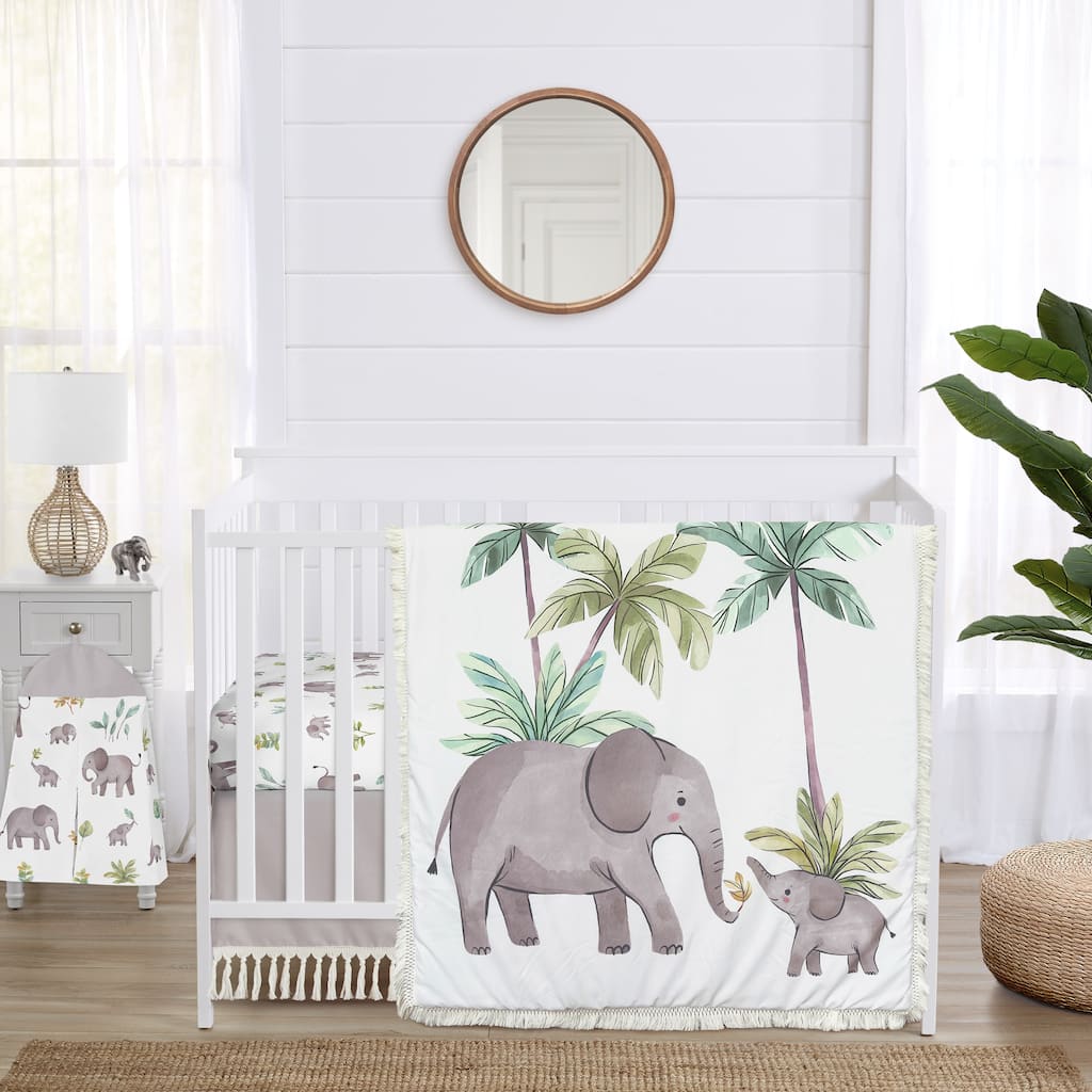 Sweet Jojo Designs Watercolor Elephants Boy Girl Gender Neutral 4p Nursery Crib Bedding Set Green Grey Jungle Safari Palm Trees