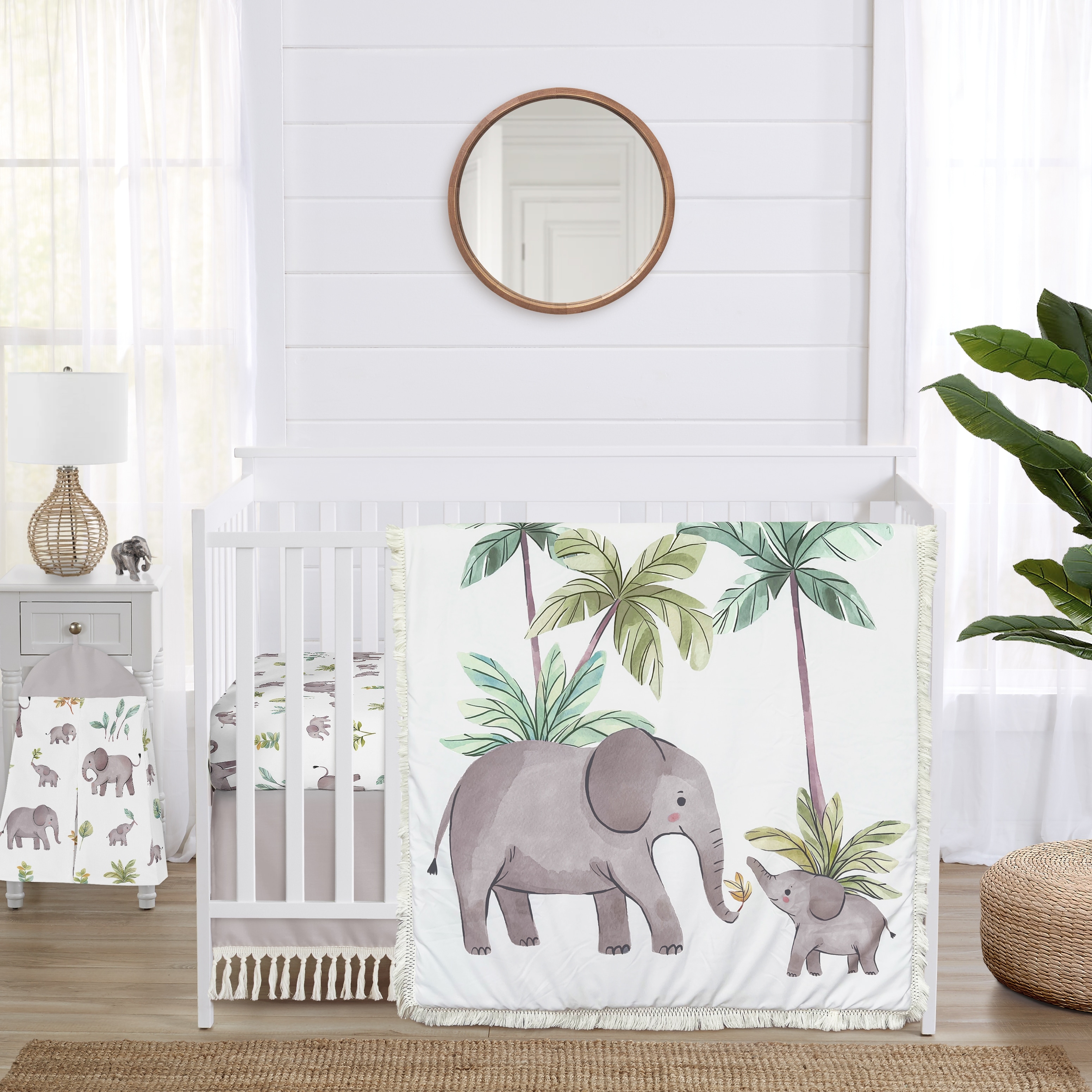 Sweet Jojo Designs Watercolor Elephants Boy Girl Gender Neutral 4p Nursery Crib Bedding Set Green Grey Jungle Safari Palm Trees
