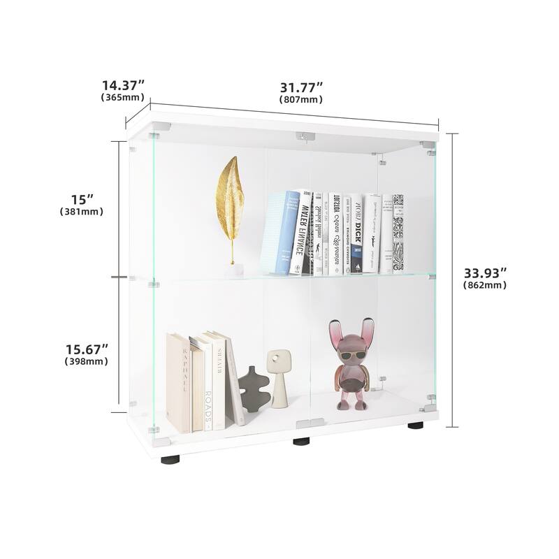One-Door Glass Display Cabinet with 3 Shelves, Floor Standing Curio Bookshelf with Tempered Glass for Living Room Bedroom Office