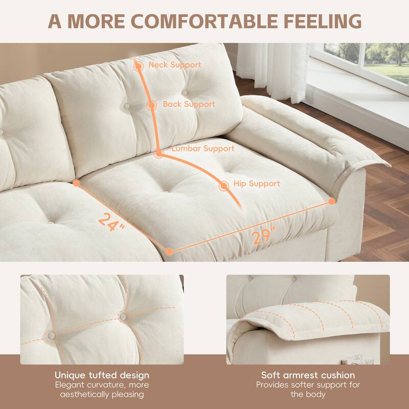 Chenille Tufted L-Shape Sectional Sofa with Storage Ottoman, Pockets and All-in-one Armrest with Dual-Port Charging, Cup Holder