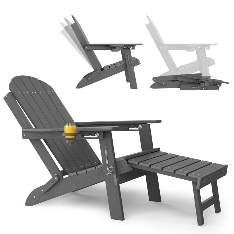 WINSOON Outdoor All-Weather HDPE Folding Adirondack Chair with Ottoman, Cup Holder & Adjustable Back - Grey