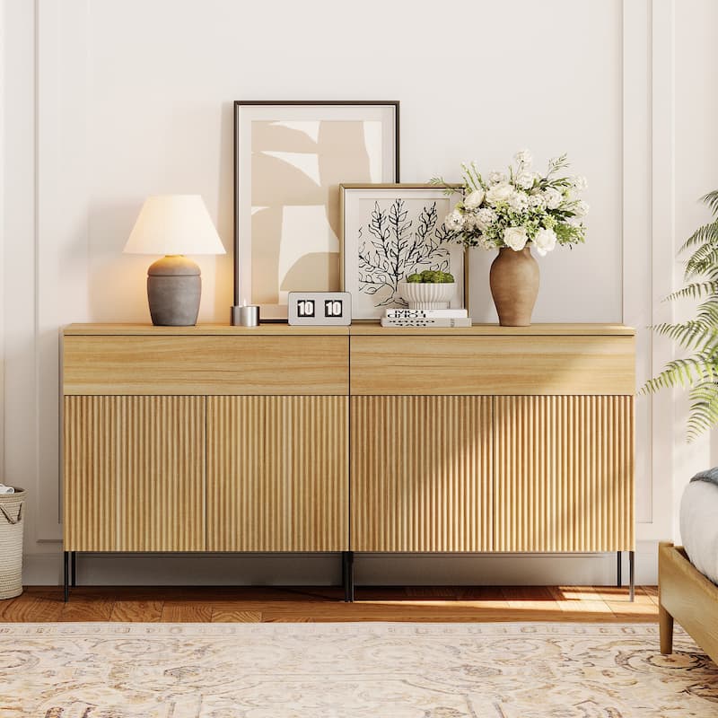 4 Pcs Bedroom Set，Wooden Dresser and Nightstand Sets, Reeded Dresserwith Doors, Night Stand of 2 with Charging