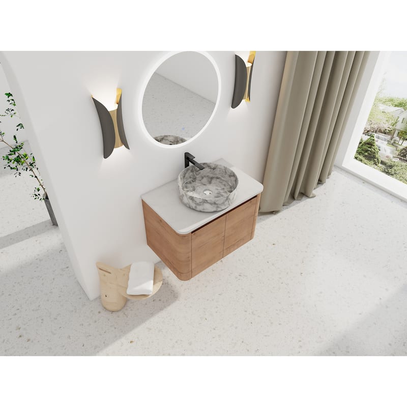 30'' Wall-Mounted Bathroom Vanity With Ceramic Art Sink & 2-Soft-Close Door, KD-Packing, Plywood
