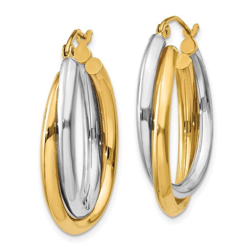 Curata 14k Two Tone Gold Polished Hollow Hinged Post Double Oval Hoop Earrings - 16x6mm