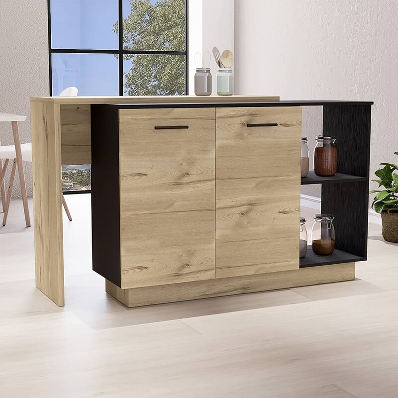 Kitchen Island, Double Door Cabinets, Two External Shelves, Three Shelves