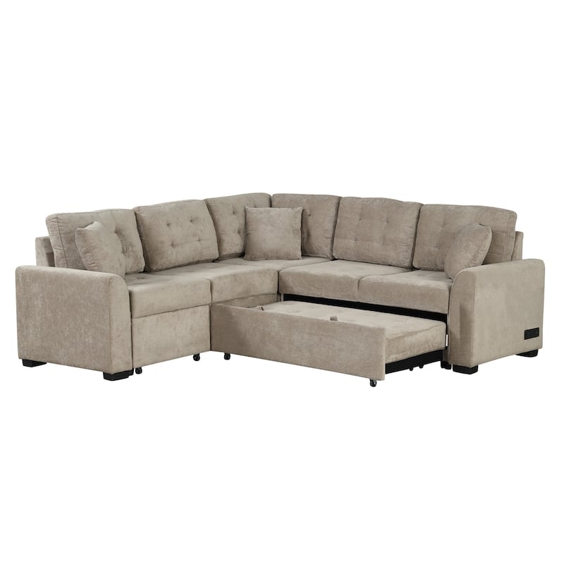 Roomfitters L-Shape Sofa Bed Pull-Out Sleeper with Wheels, USB Ports, and Power Sockets, Versatile Living Room Solution, Khaki