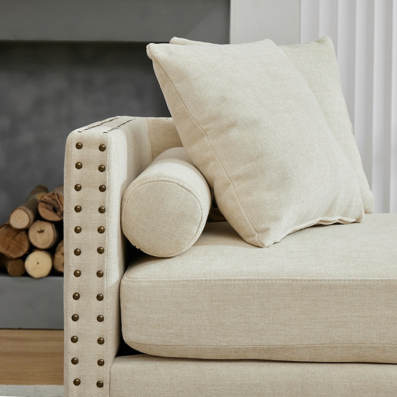 75.2"Wide Upholstered Chaise Lounge with Nailheads, Sleeper Sofa Couch With 4 Throw Pillows & 2 Bolsters, Rubberwood Legs