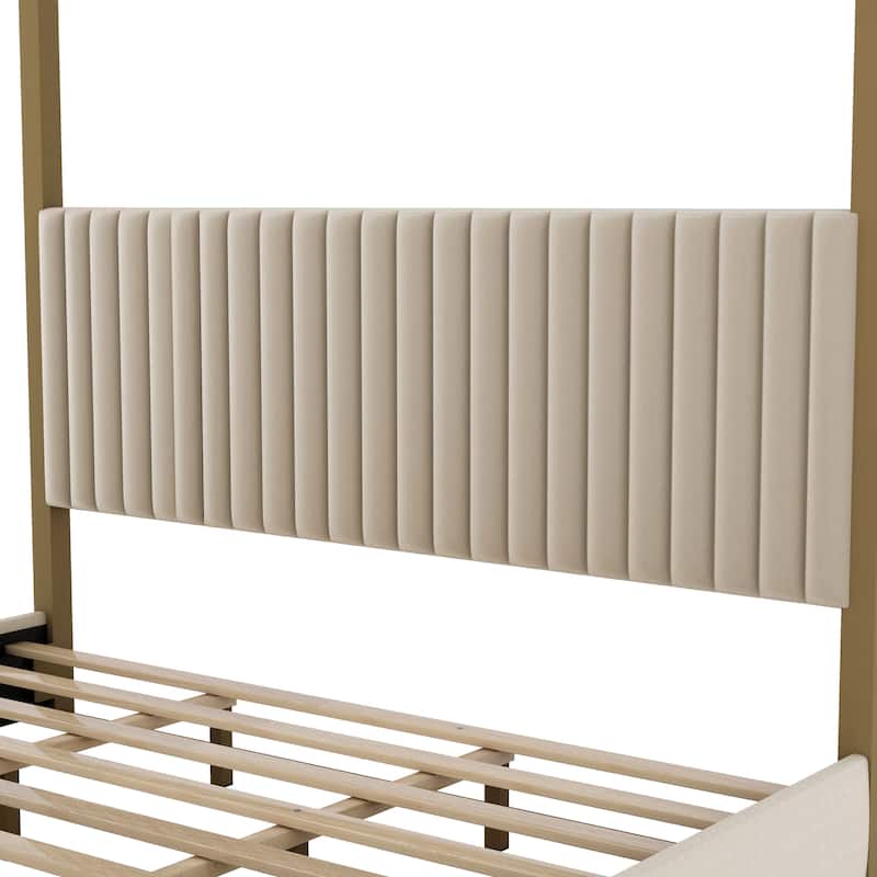 King Size Upholstered Canopy Platform Bed - Headboard with Metal Frame Support