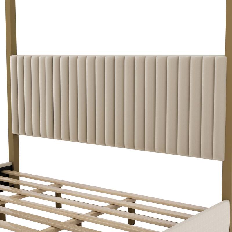 Platform Bed Canopy Bed Velvet Upholstery Bed with Vertical Stripes Headboard and Wood Slat Support No Box Spring Needed