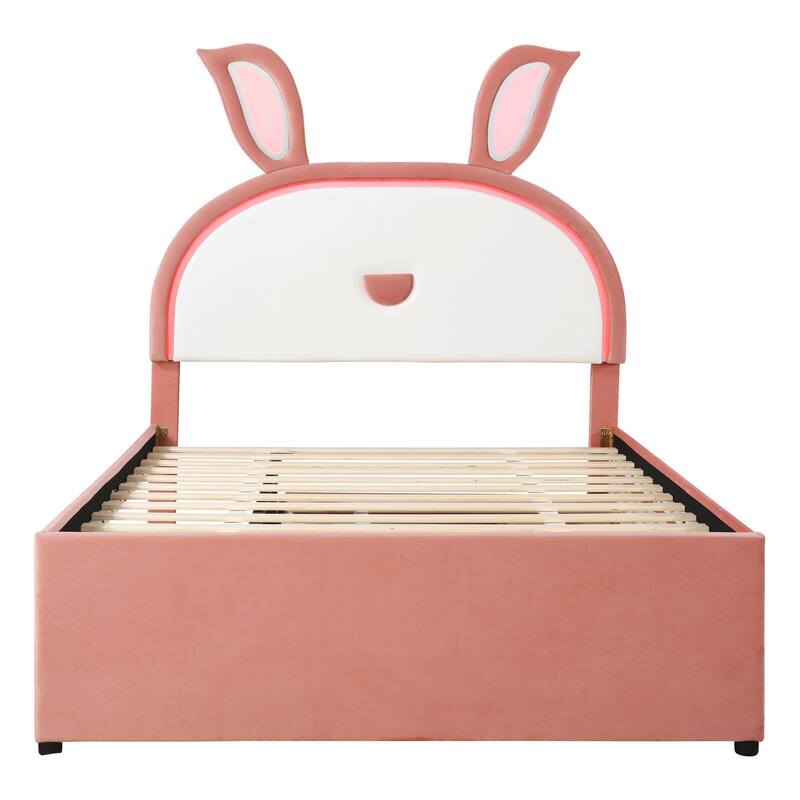 Pink Full Upholstered Platform Bed with Trundle, 3 Drawers, and LED Rabbit Headboard