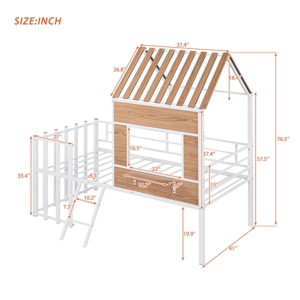 dimension image slide 2 of 3, Twin Size Metal Loft Bed with Roof, Window, Guardrail, and Ladder