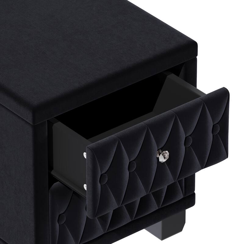Elegant Velvet 2-Drawer Nightstand with Crystal Handles - Button-Tufted Storage Bedside Table (Black)
